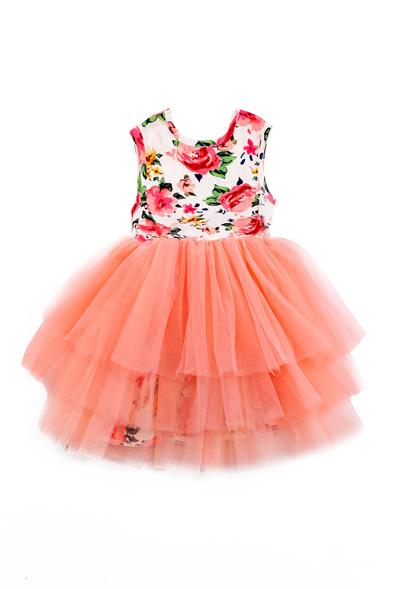 Girls BamBoo Floral Coral Tulle Dress