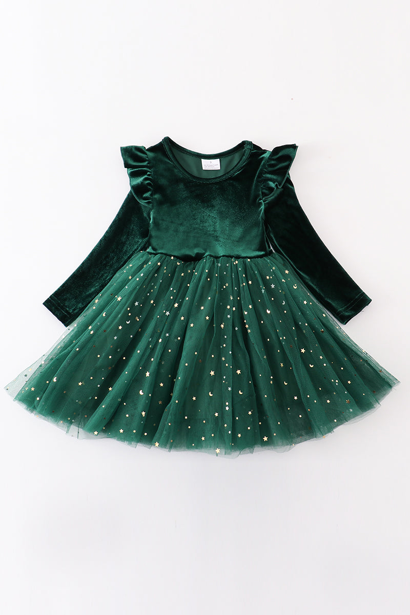 Hunter Green Girls Chirstmas Velvet Dress 