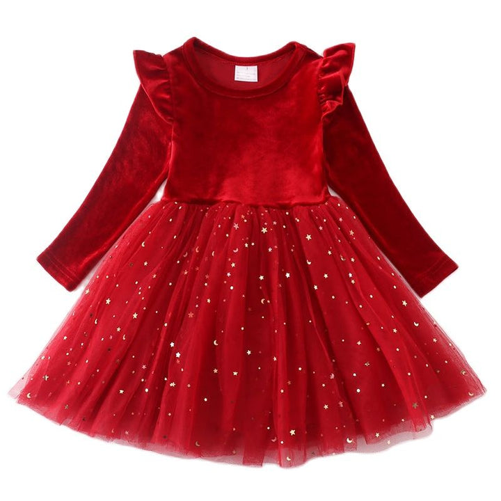 Red Girls Chirstmas Velvet Tulle Dress 